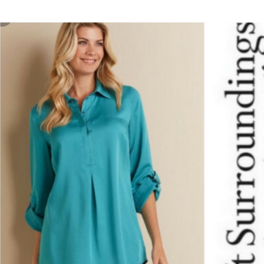 Soft Surroundings Teal Tunic Button Up Blouse Size Medium